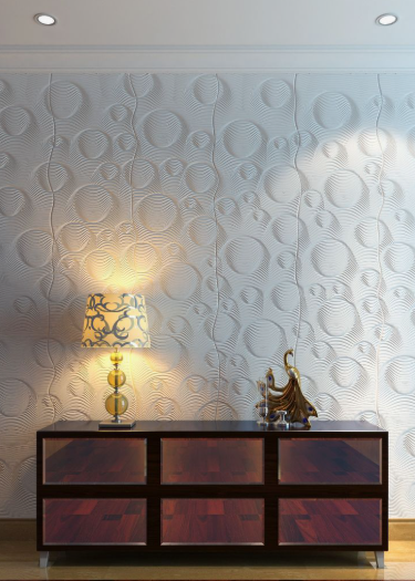 What Home Decor Items Are Trending in 2026? 15 Ideas to Refresh Your Home what home decor items are trending in 2026 highlighting a modern 3D textured circle-pattern accent wall behind a dark wooden console table with a decorative lamp