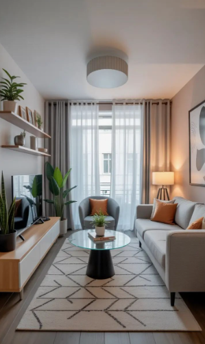 What Home Decor Items Are Trending in 2026? 15 Ideas to Refresh Your Home what home decor items are trending in 2026 highlighting a compact, modern living room with a neutral gray sofa, round glass coffee table, media console, and floating wall shelves