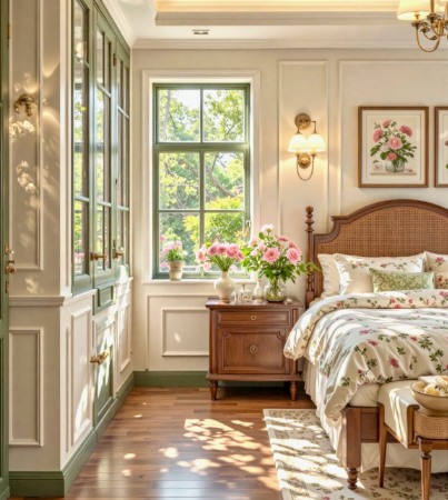 What Home Decor Items Are Trending in 2026? 15 Ideas to Refresh Your Home what home decor items are trending in 2026 highlighting a charming country-style bedroom featuring floral bedding, a rattan headboard, sage green trim accents, and fresh pink roses