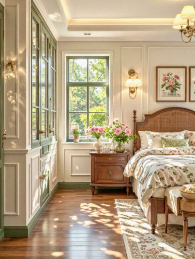 what home decor items are trending in 2026 highlighting a charming country-style bedroom featuring floral bedding, a rattan headboard, sage green trim accents, and fresh pink roses