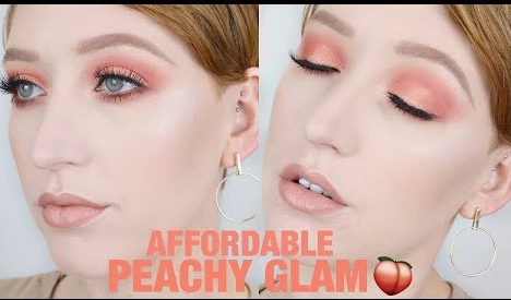 10 Makeup Trends for 2026: The Beauty Looks Everyone Will Want to Try A close-up split-image of a red-haired model showcasing makeup trends 2026 with a vibrant peach eyeshadow look, winged eyeliner, nude lips, and gold hoop earrings.