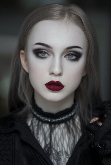 10 Makeup Trends for 2026: The Beauty Looks Everyone Will Want to Try A portrait of a fair-skinned model showcasing makeup trends 2026 with a dramatic gothic look, featuring smoky eye makeup, bold dark red lipstick, light hair, and a black lace-trimmed top.