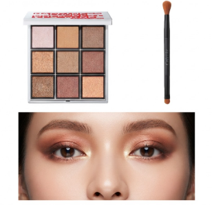 10 Makeup Trends for 2026: The Beauty Looks Everyone Will Want to Try A 9-pan neutral eyeshadow palette and dual-ended blending brush paired with a close-up of a model showcasing matching shimmer and warm-toned eye makeup in line with makeup trends 2026.