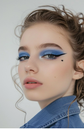 10 Makeup Trends for 2026: The Beauty Looks Everyone Will Want to Try A close-up portrait of a model showcasing makeup trends 2026 with vibrant blue eyeshadow, dramatic winged eyeliner, a tiny heart accent under the outer corner of the eye, soft nude lips, and a matching blue denim top.