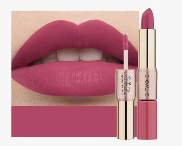10 Makeup Trends for 2026: The Beauty Looks Everyone Will Want to Try A dual-ended O.TWO.O lipstick and lip gloss product in a vibrant berry-pink shade, displayed alongside a close-up of a model wearing the matte pink lip color to match makeup trends 2026.