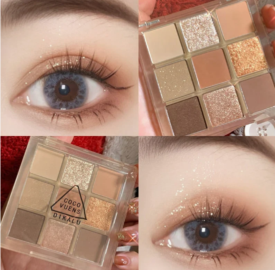 10 Makeup Trends for 2026: The Beauty Looks Everyone Will Want to Try A 4-panel collage featuring a COCO VUENS DIKALU 9-pan neutral eyeshadow palette alongside close-up eye makeup looks highlighting shimmering neutral shades, long lashes, and colored contacts in line with makeup trends 2026.
