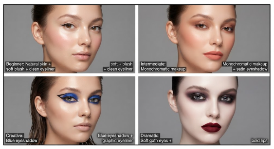 10 Makeup Trends for 2026: The Beauty Looks Everyone Will Want to Try A four-panel beauty guide comparing makeup looks by skill level, from beginner natural skin to dramatic soft goth styling, aligned with makeup trends 2026.