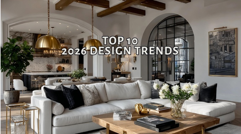 Modern living room showcasing interior design trends 2026, featuring a white sectional sofa, natural wood coffee table, and open-plan kitchen background.