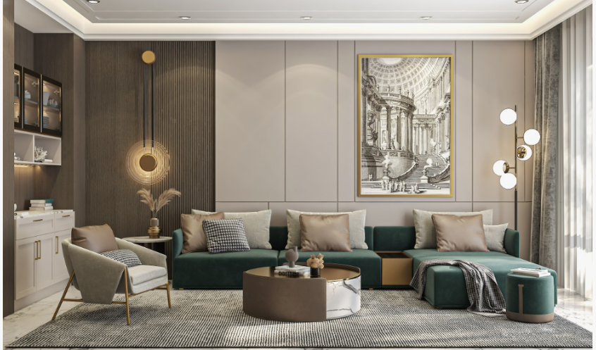 Contemporary living room embodying interior design trends 2026, featuring a deep green sectional sofa, textured wood paneling, and an oversized architectural sketch.