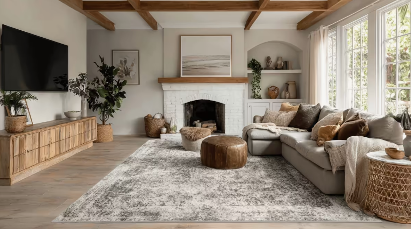 Warm, inviting living room showcasing interior design trends 2026, featuring exposed ceiling beams, a white brick fireplace, and a natural wood media console.