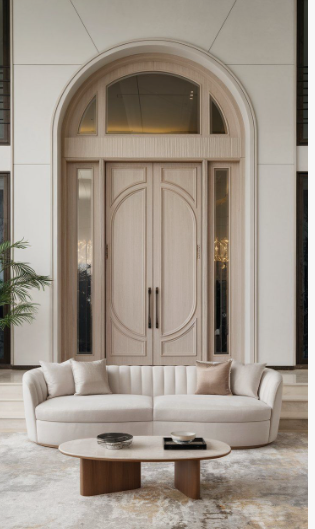Grand entryway featuring interior design trends 2026, showcasing a custom arched wooden double door, sidelights, and sophisticated architectural molding.