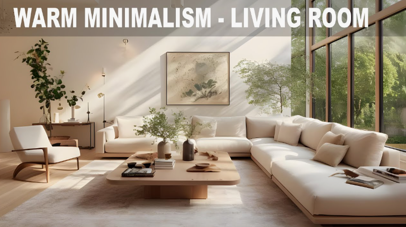 Sunlit modern living room embodying interior design trends 2026, featuring a large cream sectional sofa, low-profile wooden coffee table, and expansive floor-to-ceiling windows.