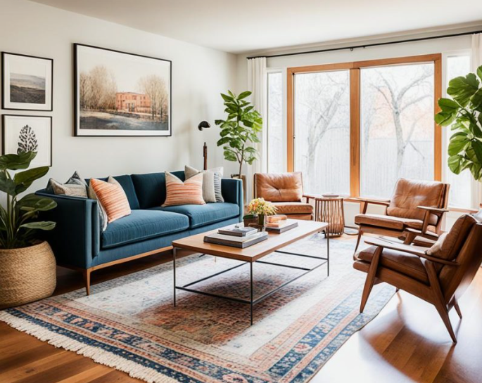 Cozy living room highlighting interior design trends 2026, featuring a vibrant blue sofa, rich leather mid-century armchairs, a wooden coffee table, and an eclectic gallery wall.