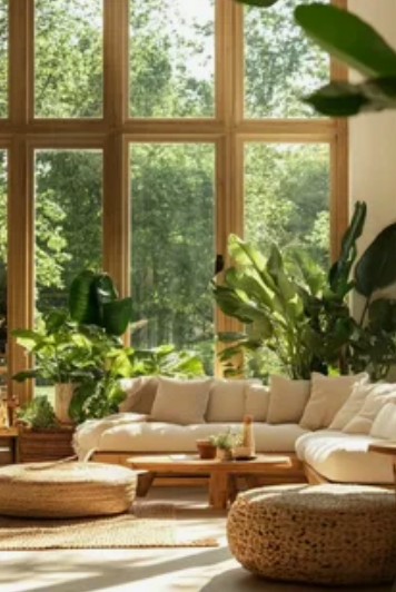 Sunlit biophilic living room embodying interior design trends 2026, featuring soaring floor-to-ceiling wooden windows, lush indoor tropical plants, and natural woven poufs.
