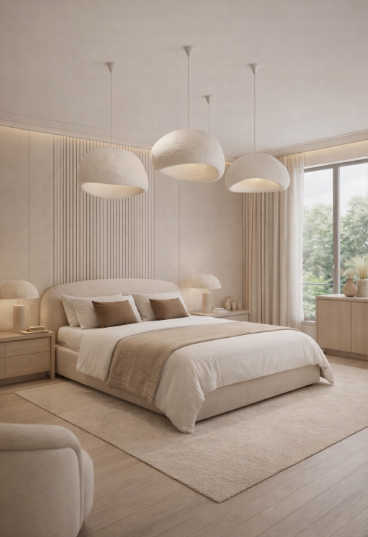Serene neutral bedroom showcasing interior design trends 2026, featuring organic pendant lights, vertical wood slat accent paneling, and layered textured linens in warm earth tones.