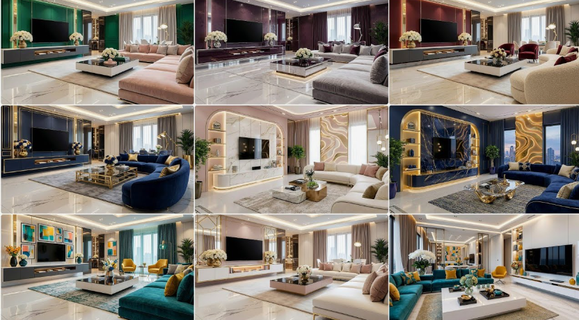 Collage of diverse luxury living room concepts embodying interior design trends 2026, featuring rich color palettes, marble accent walls, bespoke media consoles, and elegant curved seating arrangements.