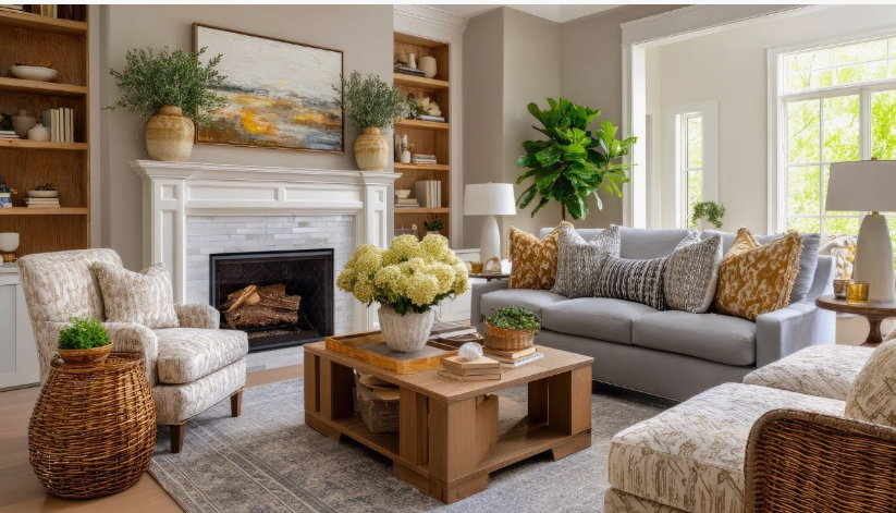 Warm, traditional-meets-modern living room showcasing interior design trends 2026, featuring a classic white mantel fireplace, built-in wooden bookshelves, a chunky natural wood coffee table, and patterned accent armchairs.