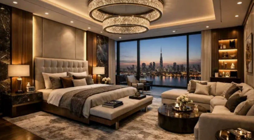 10 Interior Design Trends 2026: Stylish Ideas for a Warmer, More Personal Home Opulent high-rise bedroom showcasing interior design trends 2026 with a double-ring crystal chandelier, tufted headboard, and stunning skyline views.