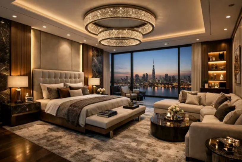Opulent high-rise bedroom showcasing interior design trends 2026 with a double-ring crystal chandelier, tufted headboard, and stunning skyline views.