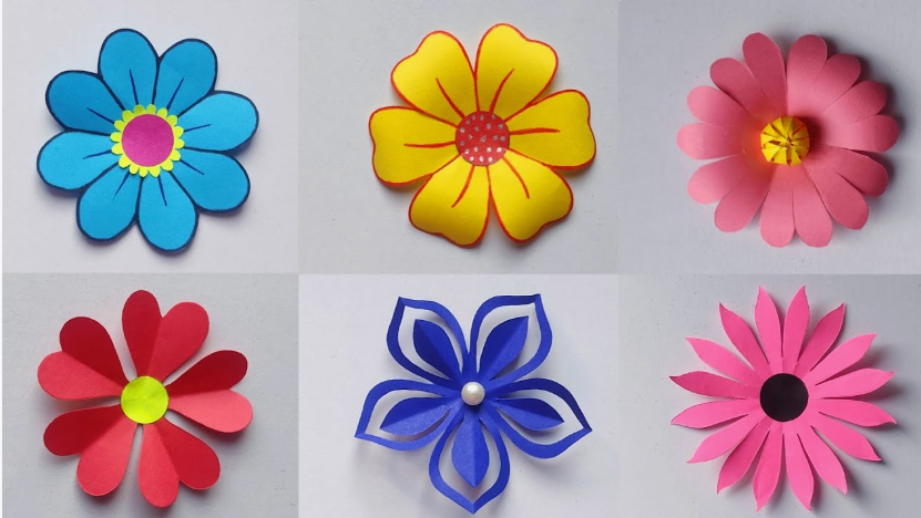 15 Easy DIY Paper Flowers for Kids: Fun Crafts for Toddlers, Preschoolers & Older Children A grid of colorful easy paper flowers for kids showing six different handmade paper flower designs in blue, yellow, pink, and red on a white background.