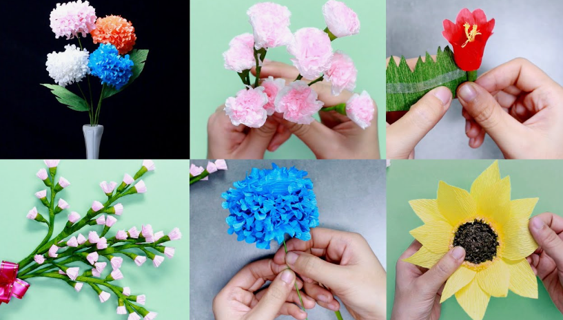 15 Easy DIY Paper Flowers for Kids: Fun Crafts for Toddlers, Preschoolers & Older Children A collage of hands crafting easy paper flowers for kids, showcasing tissue paper blooms, a red tulip, a branch with small pink blossoms, a fluffy blue flower, and a large yellow sunflower.