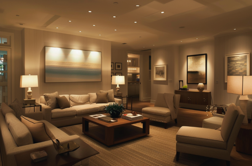 10 Cheap Ways to Make Your Home Look More Expensive A warm, elegantly lit modern living room featuring neutral-toned sofas, a wooden coffee table, framed artwork, and recessed ceiling lighting, styled to showcase cheap ways to make your home look more expensive.