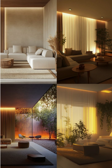 10 Cheap Ways to Make Your Home Look More Expensive Four panels showcasing luxury living rooms with layered warm lighting, recessed ceiling strips, and elegant window backlighting, highlighting cheap ways to make your home look more expensive.