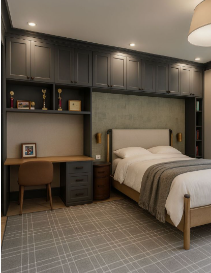 10 Cheap Ways to Make Your Home Look More Expensive An organized bedroom featuring a built-in dark gray storage unit with overhead cabinets, an integrated desk and bookshelf, a bed with neutral bedding, and a checkered area rug, presented as a visual example of cheap ways to make your home look more expensive.