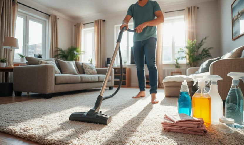 10 Cheap Ways to Make Your Home Look More Expensive A person vacuuming a light-colored living room rug, with cleaning bottles and folded cloths placed nearby, shown as an example of cheap ways to make your home look more expensive.