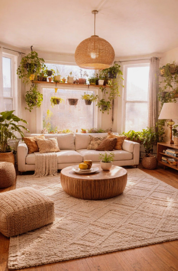 10 Cheap Ways to Make Your Home Look More Expensive A warm, plant-filled living room featuring a cozy white sofa, a round wooden coffee table, woven poufs, and a large textured area rug, showcasing cheap ways to make your home look more expensive.