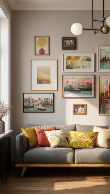 10 Cheap Ways to Make Your Home Look More Expensive A stylish gallery wall featuring a collection of framed art pieces in various sizes arranged above a gray sofa with colorful throw pillows, illustrating cheap ways to make your home look more expensive.
