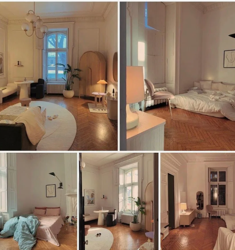 10 Cheap Ways to Make Your Home Look More Expensive Five panels showing different angles of an elegant, sunlit apartment with herringbone wood flooring, tall windows, and minimalist decor, featured as inspiration for cheap ways to make your home look more expensive.