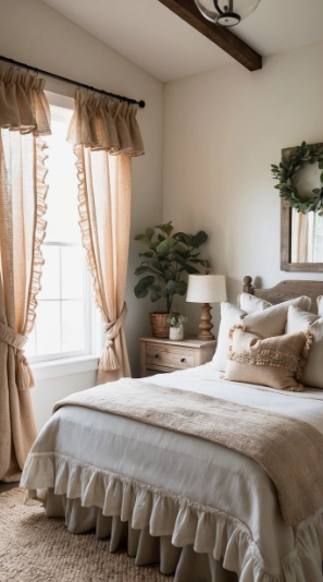 10 Cheap Ways to Make Your Home Look More Expensive A cozy, neutral-toned bedroom featuring a ruffled white duvet, beige textured curtains with matching tie-backs, a wooden nightstand, and a green wreath hanging above the bed, showcased as an example of cheap ways to make your home look more expensive.