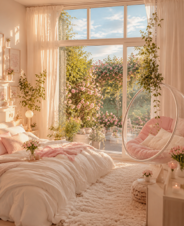 10 Cheap Ways to Make Your Home Look More Expensive A sunlit, cozy bedroom with a white bed, fluffy rug, large windows, and hanging plants, demonstrating cheap ways to make your home look more expensive.
