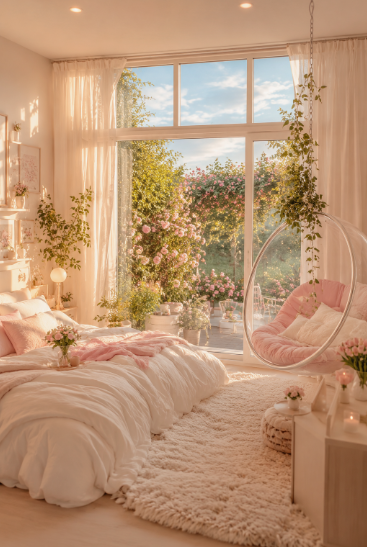 A sunlit, cozy bedroom with a white bed, fluffy rug, large windows, and hanging plants, demonstrating cheap ways to make your home look more expensive.