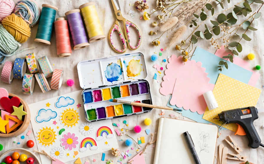 Colorful flat lay of supplies for DIY craft ideas, featuring a watercolor paint set, spools of thread, washi tape rolls, floral scissors, a hot glue gun, and cute paper cutouts on a cloth background.