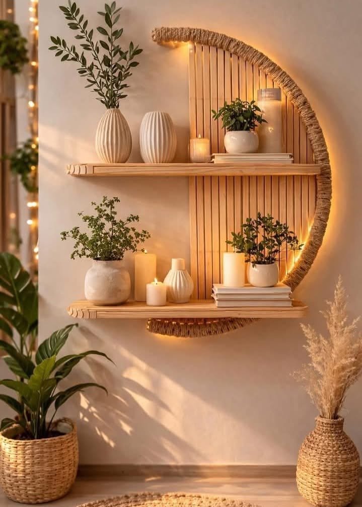 DIY Craft wooden wall shelf decor with plants and candles