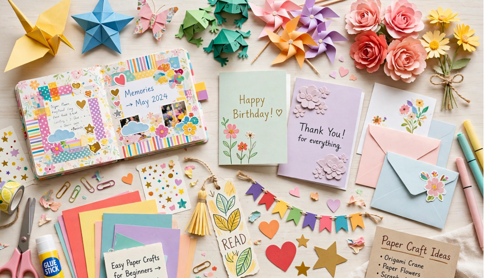 What Is DIY Craft? A Beginner’s Guide Colorful DIY craft ideas using paper, featuring an open scrapbook, handmade greeting cards, origami figures, paper flowers, and crafting supplies arranged on a white wooden desk.