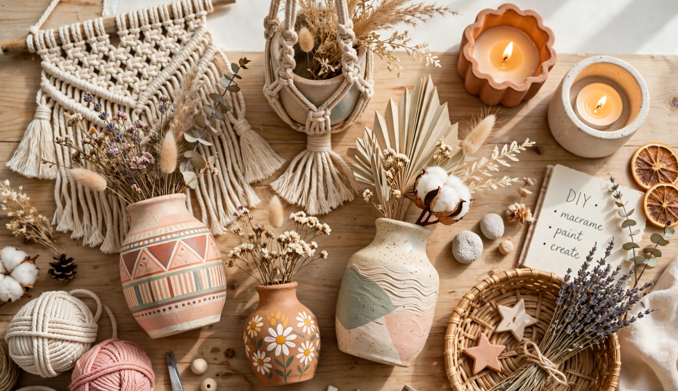 What Is DIY Craft? A Beginner’s Guide Boho-style DIY craft ideas for home decor, featuring hand-painted ceramic vases with dried flowers, woven macrame wall hangings, and lit cement candles on a rustic wooden table.