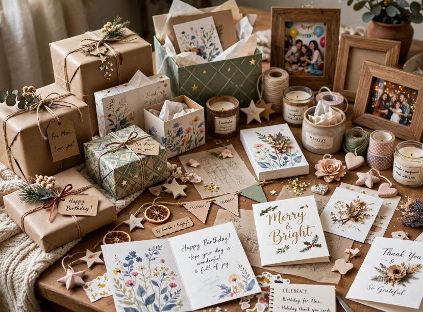 What Is DIY Craft? A Beginner’s Guide Creative holiday and gift-wrapping DIY craft ideas showcasing kraft paper packages tied with twine, handmade floral greeting cards, wooden photo frames, and scented jar candles on a wooden table.