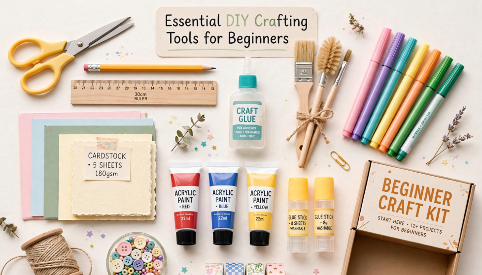 What Is DIY Craft? A Beginner’s Guide Starter tools and supplies for beginner DIY craft ideas, featuring colorful cardstock, acrylic paint tubes, scissors, glue, brushes, markers, and a beginner craft kit box neatly laid out on a white surface.