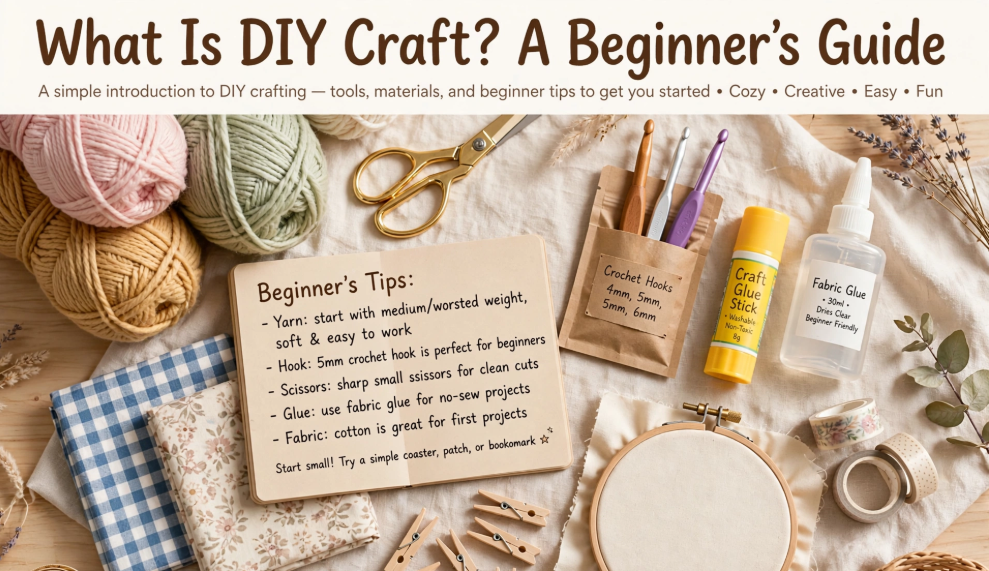 What Is DIY Craft? A Beginner’s Guide Flat lay beginner guide to DIY craft ideas featuring an open notebook of crafting tips surrounded by yarn skeins, crochet hooks, fabric swatches, glue, scissors, and an embroidery hoop.