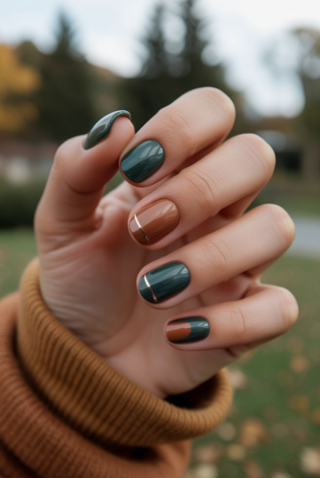 25 Short Fall Nail Ideas for 2026: Chic, Simple & Trendy Designs Short fall nail ideas 2026 showcasing short nails with dark green and warm brown color blocking and a thin metallic stripe.