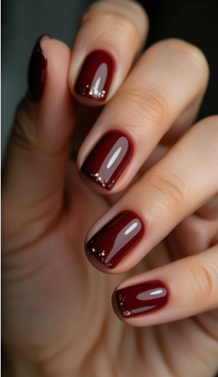 25 Short Fall Nail Ideas for 2026: Chic, Simple & Trendy Designs Short fall nail ideas 2026 highlighting glossy deep burgundy nails with subtle glitter details at the cuticles.
