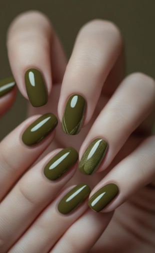 25 Short Fall Nail Ideas for 2026: Chic, Simple & Trendy Designs Short fall nail ideas 2026 showcasing glossy olive green nails with accent designs featuring subtle shimmer and fine lines.