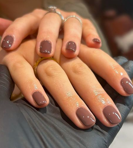 25 Short Fall Nail Ideas for 2026: Chic, Simple & Trendy Designs Short fall nail ideas 2026 showcasing short, square-rounded nails finished in a glossy taupe-brown polish.