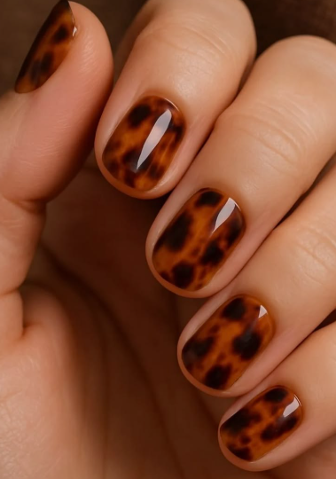 25 Short Fall Nail Ideas for 2026: Chic, Simple & Trendy Designs Short fall nail ideas 2026 showcasing short, rounded nails featuring a chic and glossy tortoiseshell print design.