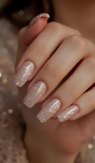25 Short Fall Nail Ideas for 2026: Chic, Simple & Trendy Designs Short fall nail ideas 2026 showcasing short, squared nails covered in sparkling champagne gold glitter polish.