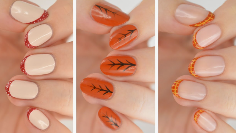 25 Short Fall Nail Ideas for 2026: Chic, Simple & Trendy Designs Short fall nail ideas 2026 showcasing three nail art designs: red polka-dot side tips on a cream base, black painted leaf skeletons on solid burnt orange nails, and vibrant orange plaid French tips over a neutral base.