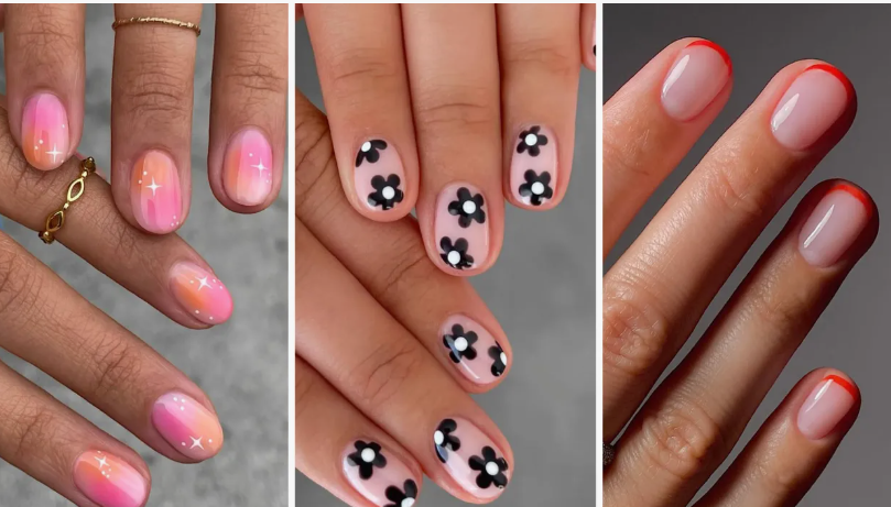 25 Short Fall Nail Ideas for 2026: Chic, Simple & Trendy Designs Short fall nail ideas 2026 showcasing three nail art styles: pink and orange gradient aura nails with sparkling star details, black-and-white retro flower patterns on a neutral base, and minimalist bright red micro French tips over a neutral base.
